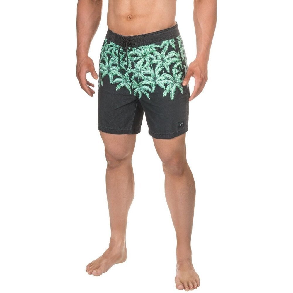 Globe Pit Mens Board Shorts size 33 Beach Swim Black Green Tropical Print NEW